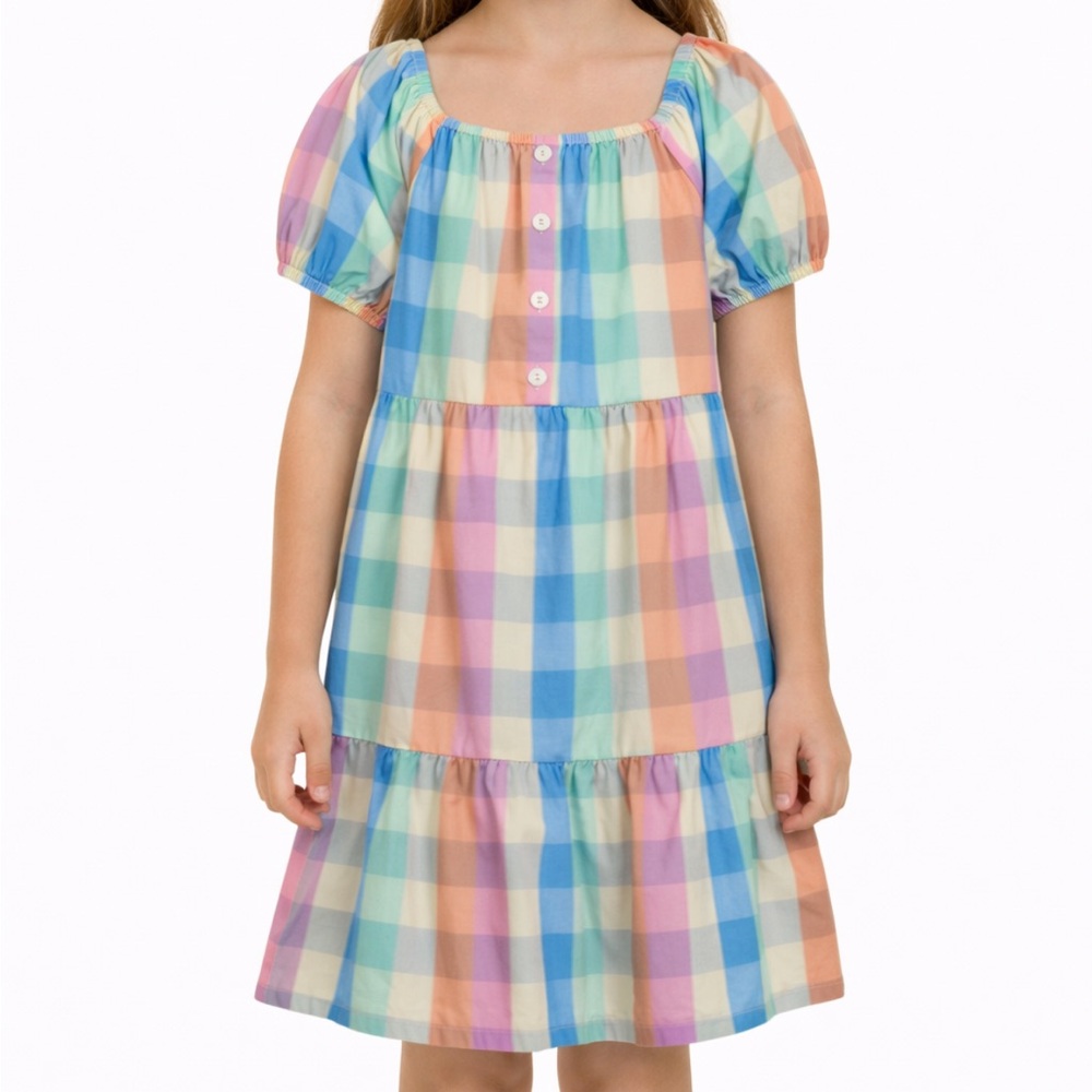 GAP girl’s pastel gingham plaid cotton button print puff sleeve dress medium